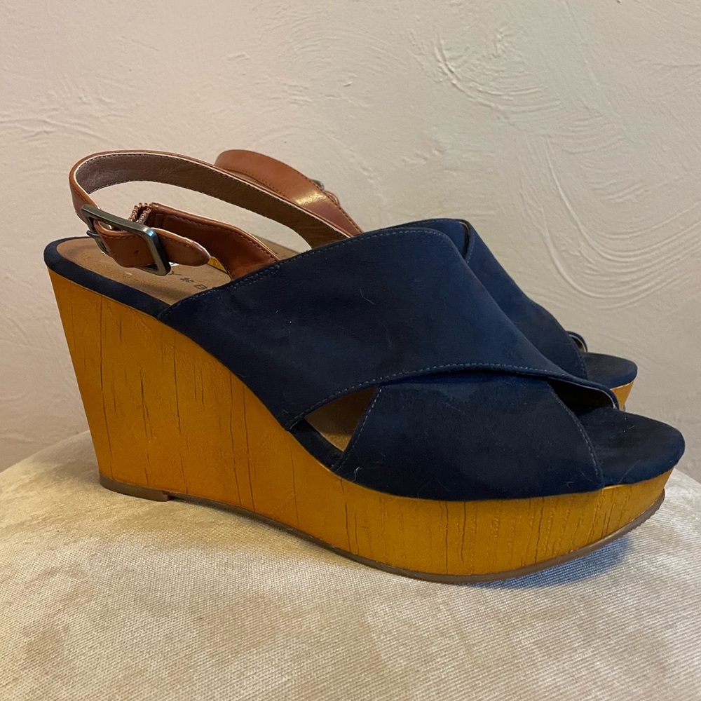 LUCKY BRAND Women’s Navy Platform Wooden Wedge Sandals Sz 8